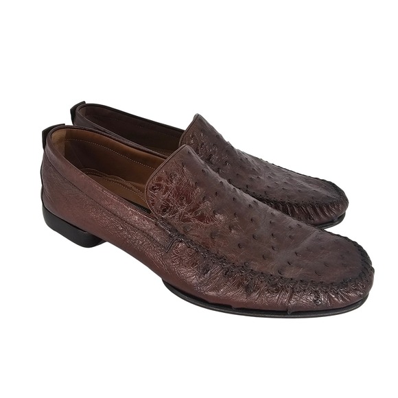 Mezlan Full Quill Ostrich Leather Rollini Loafers 9M‎ Brown Spain Luxury Shoes